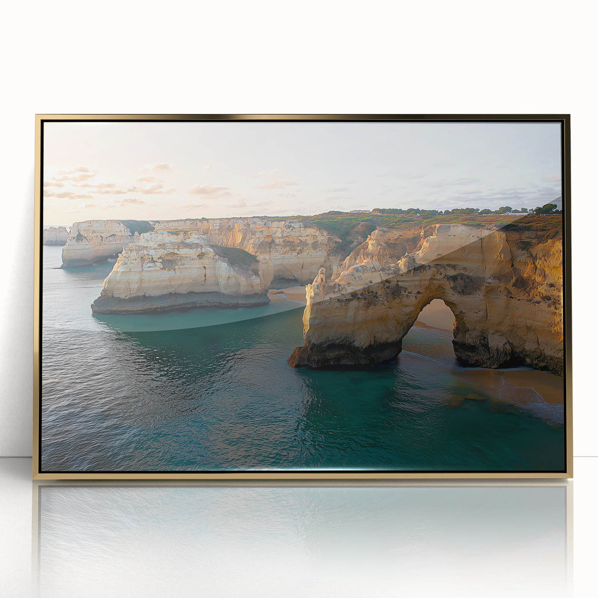 Framed acrylic artwork of a stunning landscape featuring dramatic cliffs and a vibrant sunset, showcasing gold accents for an elegant touch, perfect for home decor.