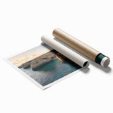 Stunning rolled print showcasing a breathtaking landscape with dramatic cliffs and vibrant colors, elegantly packaged in a protective cardboard tube for safe delivery.