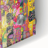 Close-up of a vibrant abstract figurative acrylic painting on glass, showcasing intricate brushwork and vivid colors, perfect for modern home decor.