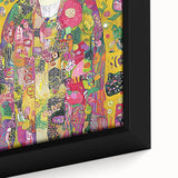 Close-up of a framed abstract figurative canvas artwork showcasing vibrant colors and dynamic shapes, perfect for modern home decor or gallery display.