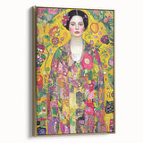 Framed canvas art featuring an abstract figurative design with gold accents, showcasing a modern aesthetic ideal for contemporary decor settings. The side view highlights the sleek profile and elegant finish, making it a statement piece for any room.