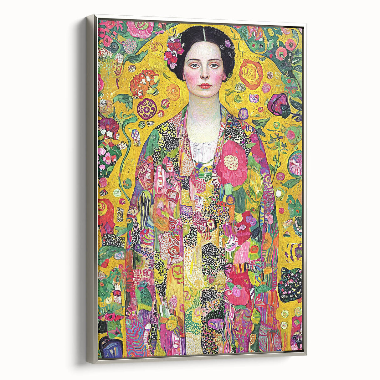 Abstract figurative framed canvas artwork with a silver frame showcasing vibrant colors and dynamic shapes, perfect for modern home decor or artistic display.