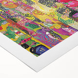 Abstract figurative art print on rolled canvas showcasing vibrant colors and dynamic shapes, ideal for modern home decor, packaged securely in a cardboard tube.