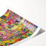 Abstract figurative wall art print showcasing vibrant colors and dynamic shapes, elegantly rolled for easy display, ideal for modern home decor.