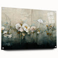 Abstract floral wall art design in vibrant colors displayed on acrylic glass, side view showcasing mounting pins for easy installation. Perfect for modern decor.