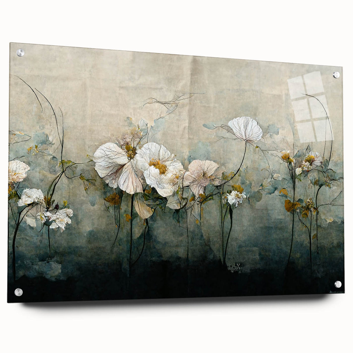 Abstract floral wall art design in vibrant colors displayed on acrylic glass, side view showcasing mounting pins for easy installation. Perfect for modern decor.