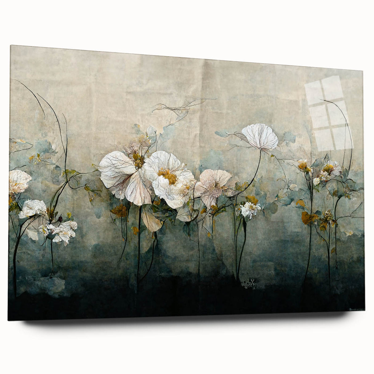 Abstract floral wall art displayed in a side view, showcasing vibrant colors and intricate designs. The acrylic glass finish enhances the artwork's depth and brilliance, making it a stunning addition to any modern decor. This piece is perfect for brightening up living spaces or offices.