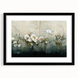 Abstract floral wall art in a sleek black frame with a white mat, showcasing vibrant colors and intricate designs, perfect for modern home decor.