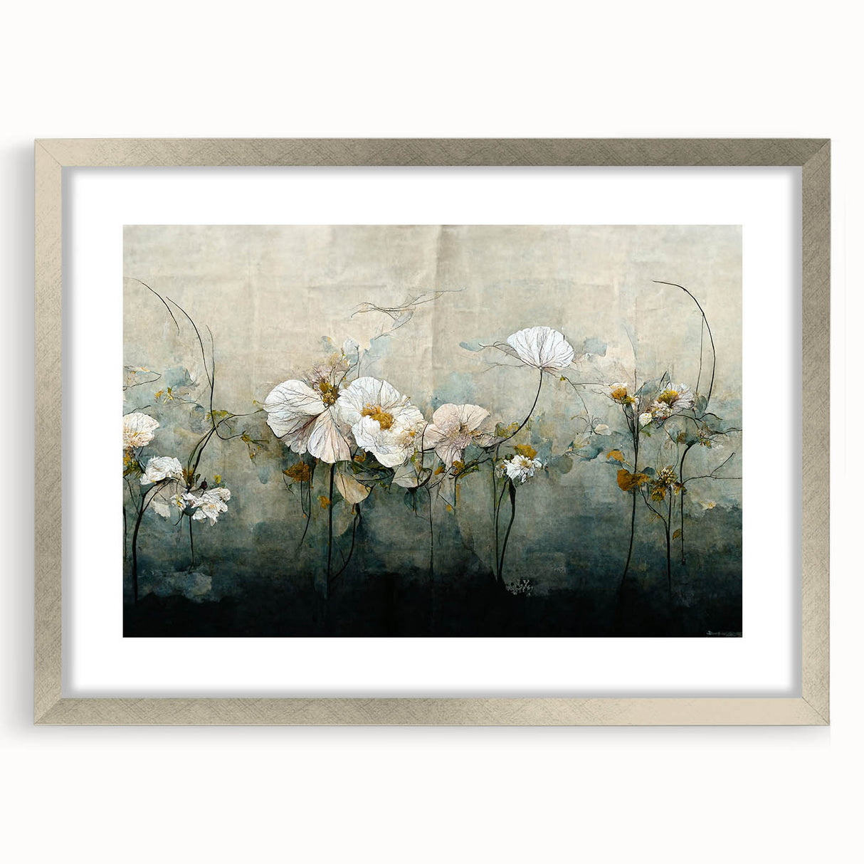 Framed abstract floral wall art in a silver frame with a mat, showcasing vibrant colors and intricate designs, perfect for modern home decor accents.