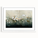 Abstract floral wall art framed in white, showcasing vibrant colors and intricate designs, perfect for modern home décor, adding elegance and charm to any space.