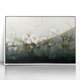 Framed abstract floral wall art featuring delicate white and soft pastel colors, ideal for enhancing modern home decor with a touch of elegance and nature-inspired beauty.