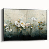 Framed canvas wall art showcasing abstract floral designs in vibrant colors, featuring a black frame, displayed from a side view to highlight depth and texture.