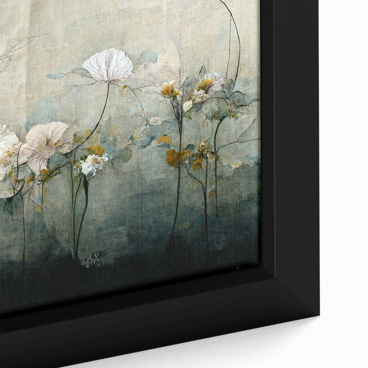 Close-up of a framed canvas featuring abstract floral wall art, showcasing vibrant colors and intricate details, perfect for modern home decor accents.
