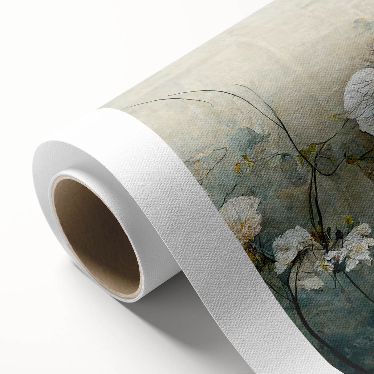 Abstract floral wall art on rolled canvas, showcasing vibrant colors and intricate designs, ideal for contemporary home decor. Packaged securely in a sturdy tube for easy transport and display.