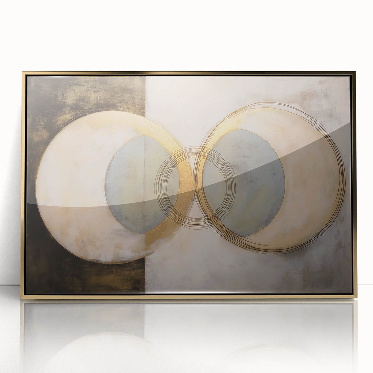 Abstract geometric framed acrylic art piece in gold, showcasing a modern design with sharp angles and vibrant hues, ideal for contemporary home decor.