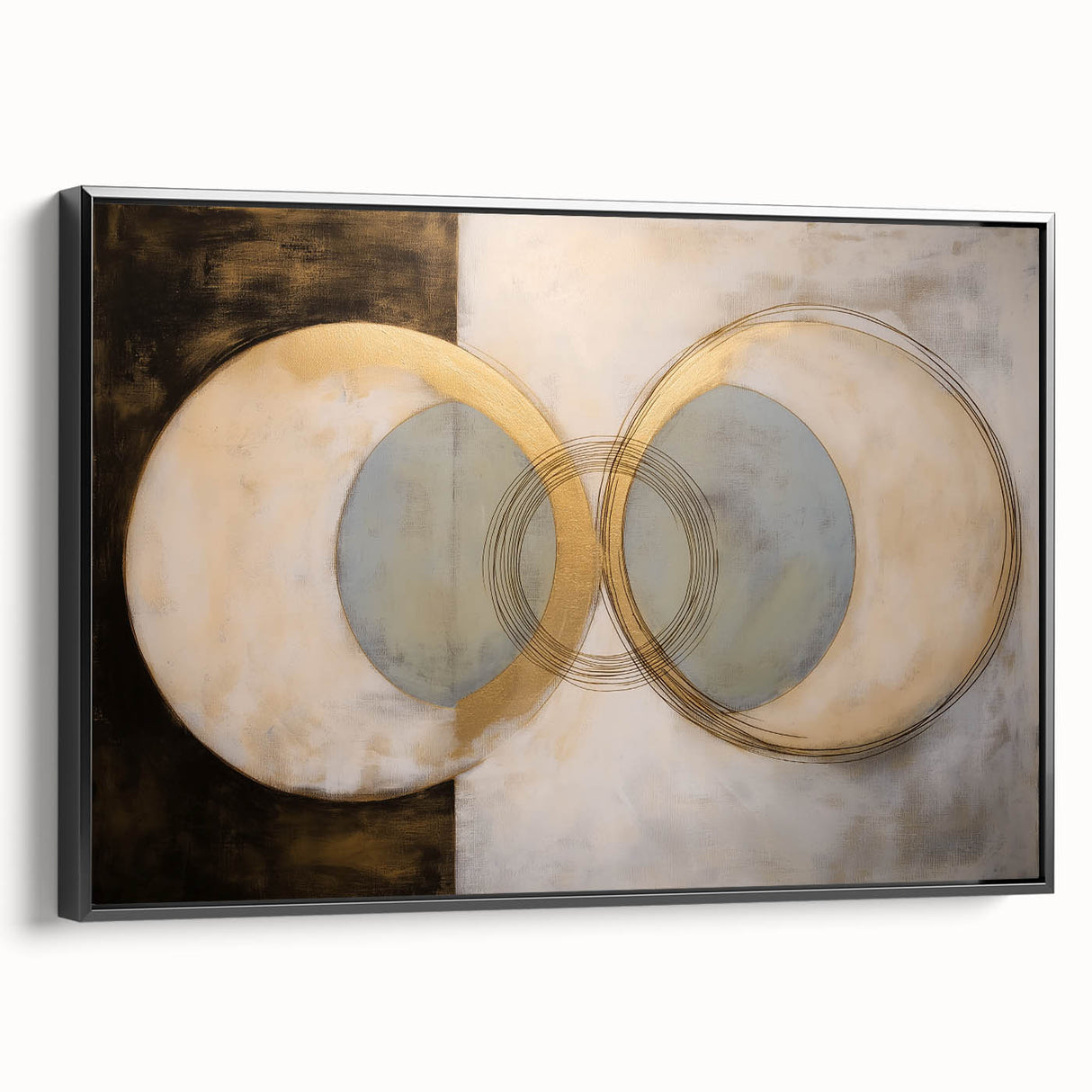 Abstract geometric framed canvas artwork showcasing a striking black design, viewed from the side, highlighting its modern aesthetic and sleek finish. Ideal for contemporary decor.