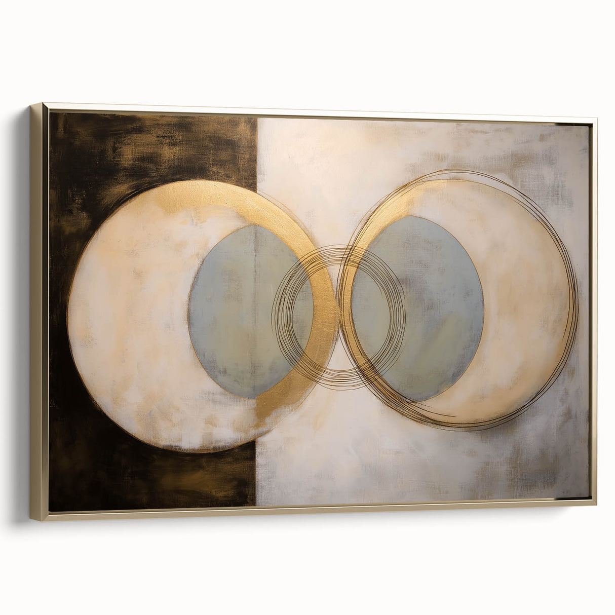 Abstract geometric canvas art framed in gold, showcasing intricate patterns and vibrant colors, ideal for modern home decor or office settings.