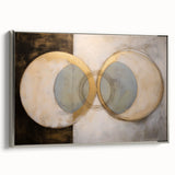 Abstract geometric framed canvas artwork with a silver frame, showcasing intricate shapes and patterns from a side view, ideal for modern home decor.