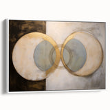 Abstract geometric framed canvas artwork showcasing a white backdrop with intricate, colorful shapes and patterns, adding a modern touch to any decor.