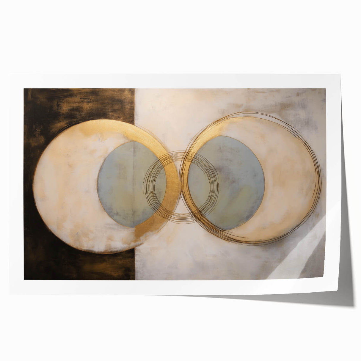 Rolled geometric abstract art print with vibrant blue, orange, and yellow colors, showcasing intricate patterns, packaged securely in a durable cardboard tube for safe delivery.