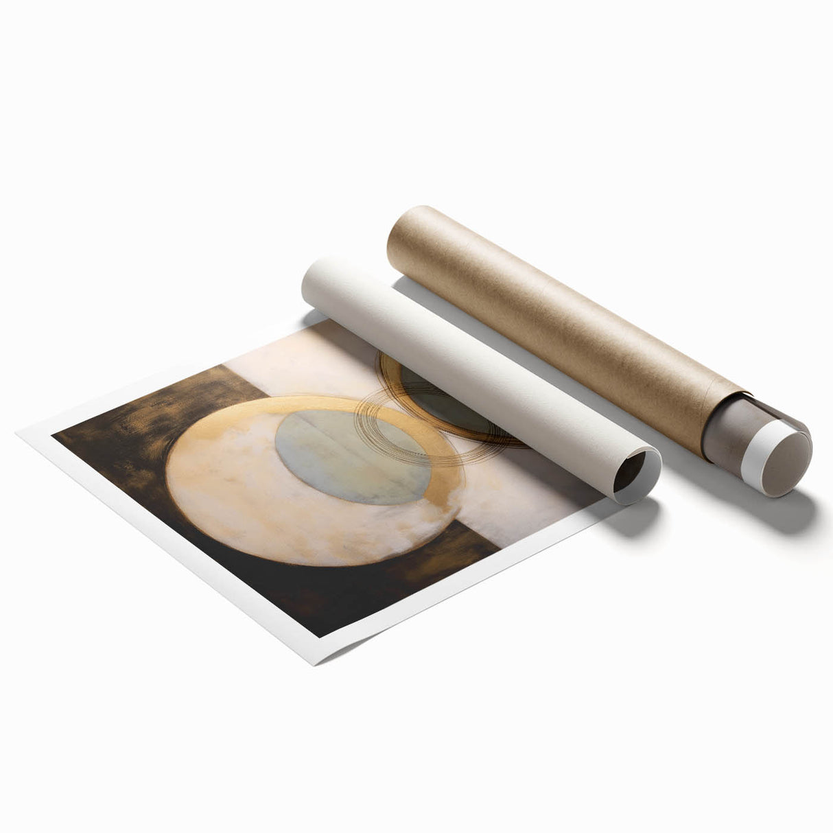 Abstract geometric rolled print showcasing vibrant blue, orange, and yellow patterns, designed for modern interior decor, packaged securely in a cardboard tube.