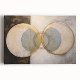 Abstract geometric stretched canvas art in vibrant colors featuring sharp angles and dynamic shapes, perfect for modern home decor, displayed against a neutral background.