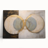 Abstract geometric stretched canvas art piece featuring vibrant colors and dynamic shapes, elegantly leaning against a neutral wall, perfect for modern home decor.
