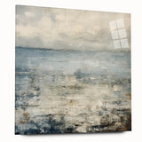 Abstract landscape wall art displayed in acrylic glass, showcasing vibrant colors and fluid shapes, perfect for modern home decor. Side view highlights the artwork's sleek design and clarity.