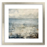 Abstract landscapes wall art framed in a silver mat, showcasing a blend of soft blues and greens, perfect for modern home decor enhancement.