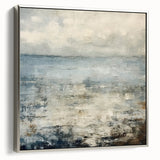 Framed abstract landscape wall art in silver, showcasing serene hues of blue and green, perfect for modern home decor. Side view highlights its elegant design.