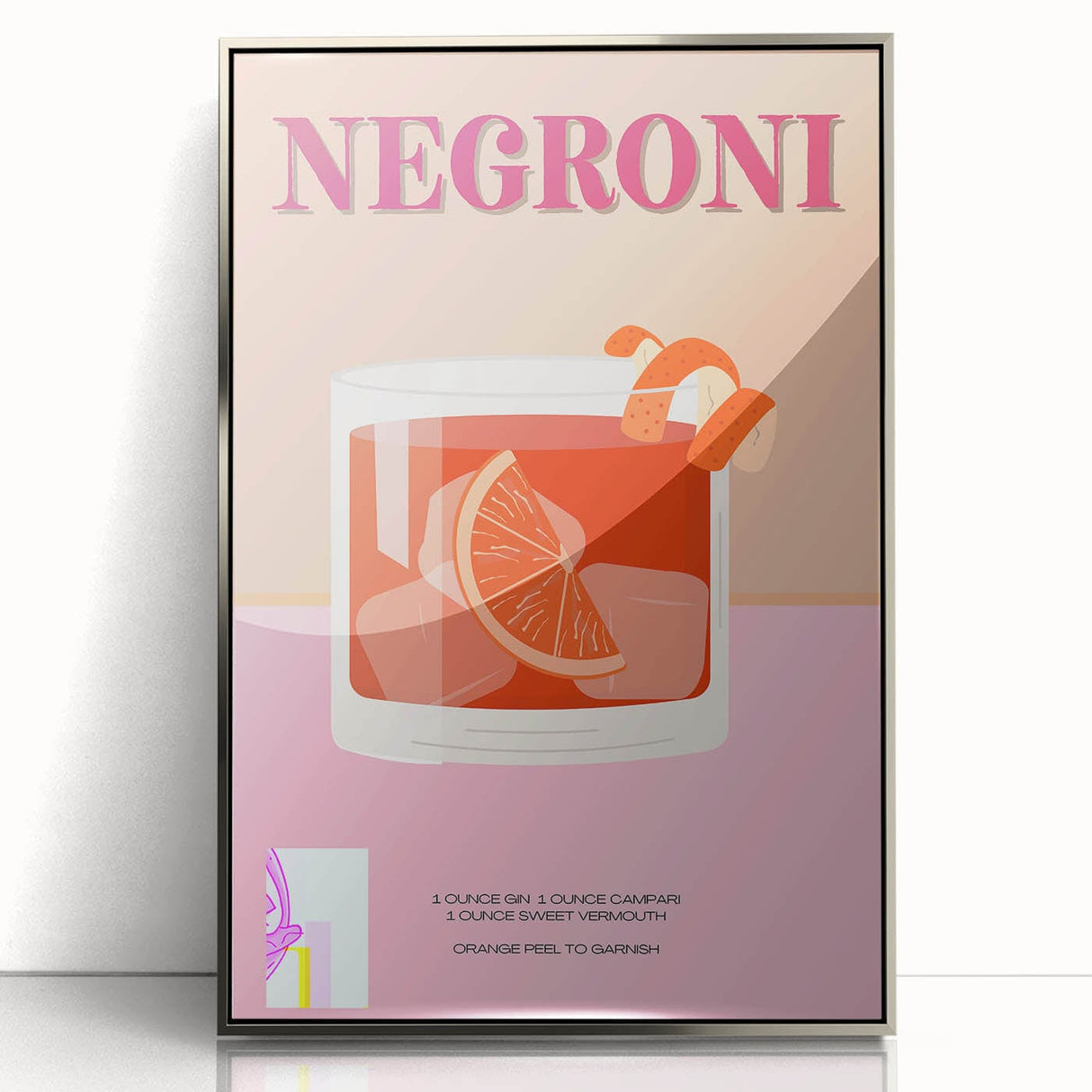 Mid-century modernist art of food and drinks in muted tones on a framed acrylic, ideal for modern kitchen decor.
