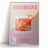 Art deco poster featuring assorted fruits and beverages in bold colors on a white acrylic frame.