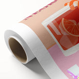 Art deco poster featuring stylized food and drink illustrations on a rolled canvas, ideal for dining room decor.