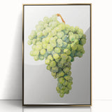 Large art print of assorted fruits in vibrant colors on a gold-framed acrylic, reflecting mid-century modernist style.