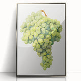 Mid-century modernist art of colorful fruits on a silver-framed acrylic print, suitable for modern nursery decor.