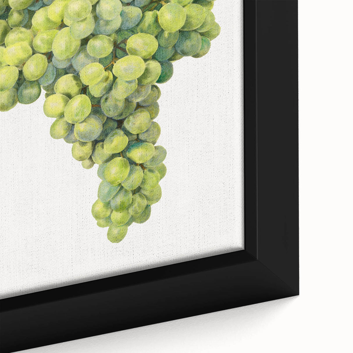 Close-up of extra large black wall art canvas featuring a colorful, textured depiction of assorted fruits.