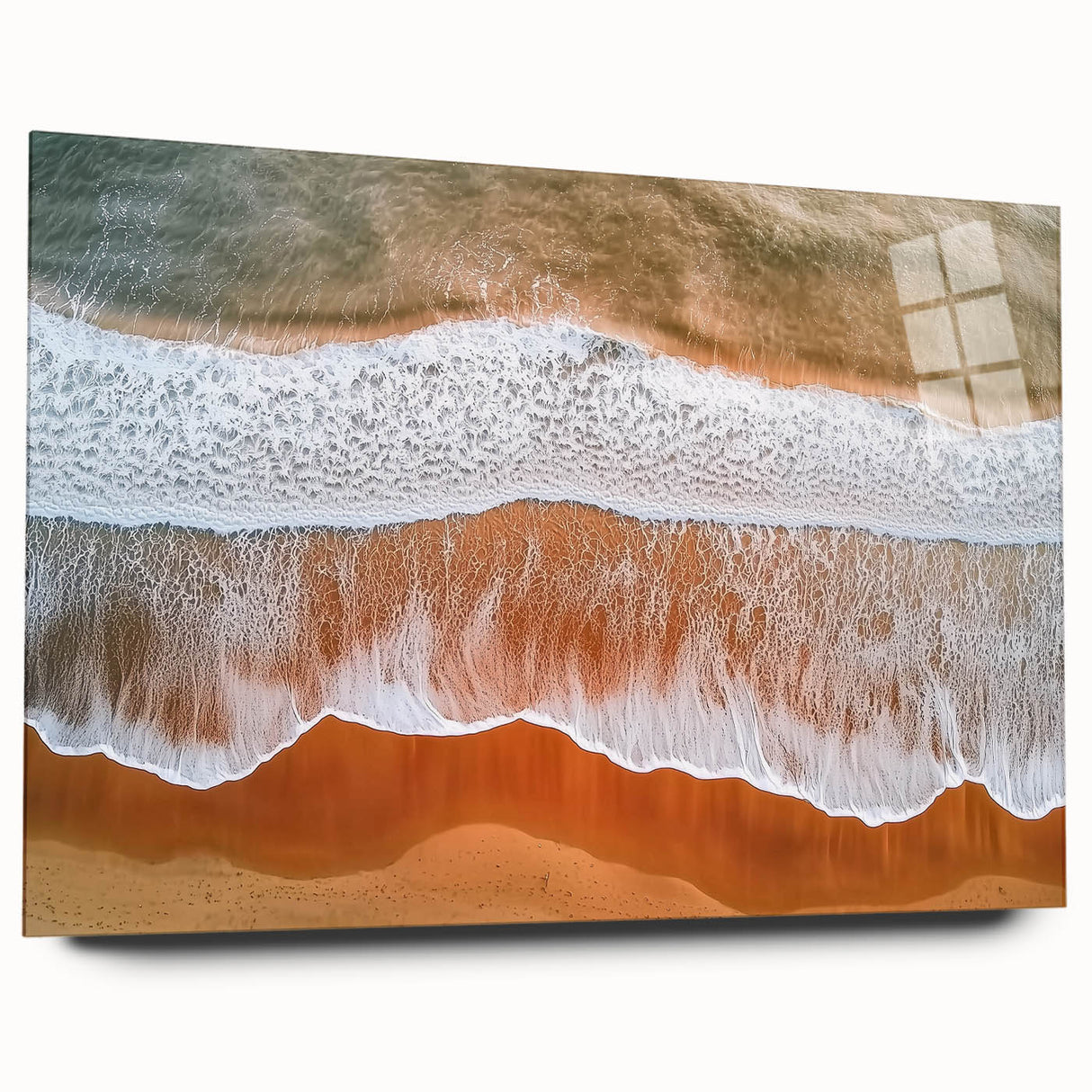 Vibrant landscape artwork depicting serene beaches in acrylic glass, showcasing a side view without pins, perfect for enhancing modern home decor.