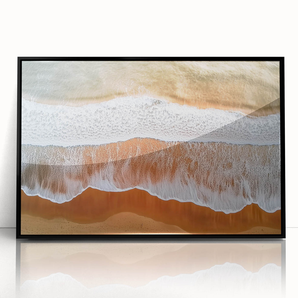 Framed acrylic artwork showcasing a serene beach landscape with vibrant colors, black frame, ideal for home decor or office spaces, evoking tranquility and relaxation.