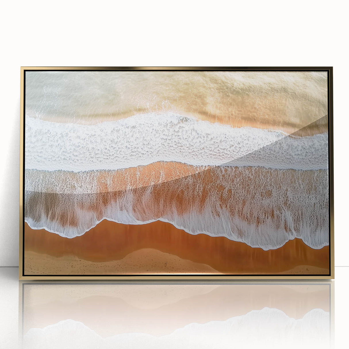 Framed acrylic artwork depicting a serene beach landscape, featuring vibrant colors and intricate details, perfect for coastal-themed decor in homes or offices.