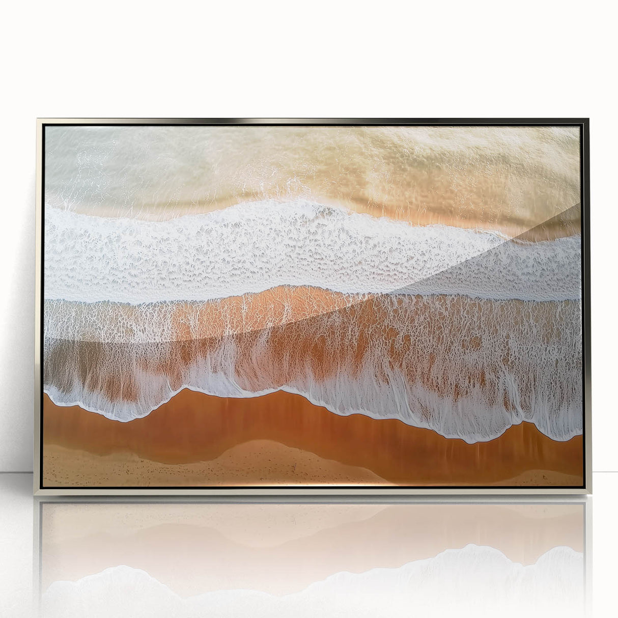Framed acrylic artwork showcasing a serene beach landscape with soft waves and a vibrant sunset, ideal for coastal home decor and beach-themed interiors.