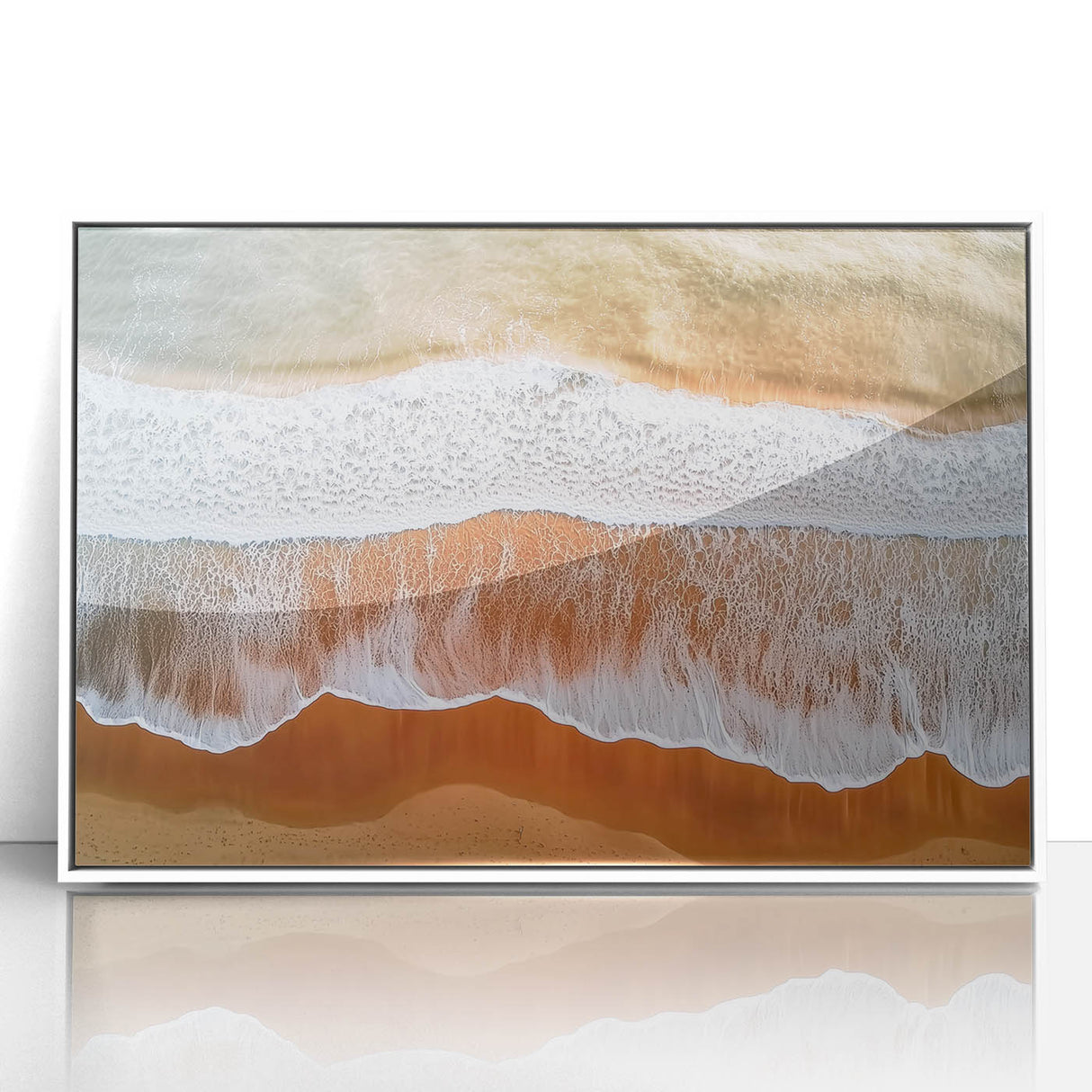 Framed acrylic artwork showcasing a vibrant beach landscape with soft waves and golden sand, set in a sleek white frame, perfect for coastal-themed decor.