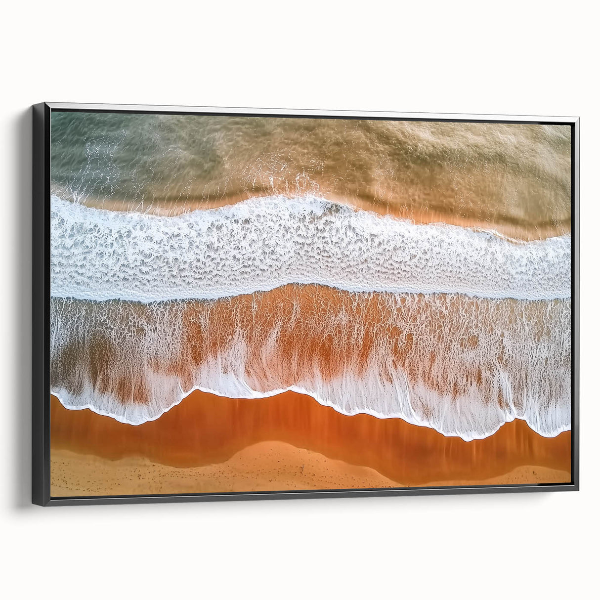 Framed landscape canvas art depicting a serene beach scene with vibrant colors, showcased in a sleek black frame, perfect for enhancing coastal decor. Ideal for beach-themed interiors.