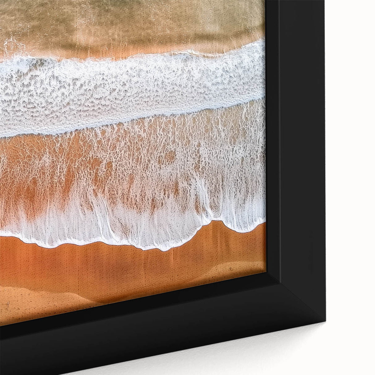 Close-up of a framed canvas depicting a serene beach landscape with vibrant colors and intricate details, perfect for home decor and beach-themed interiors.