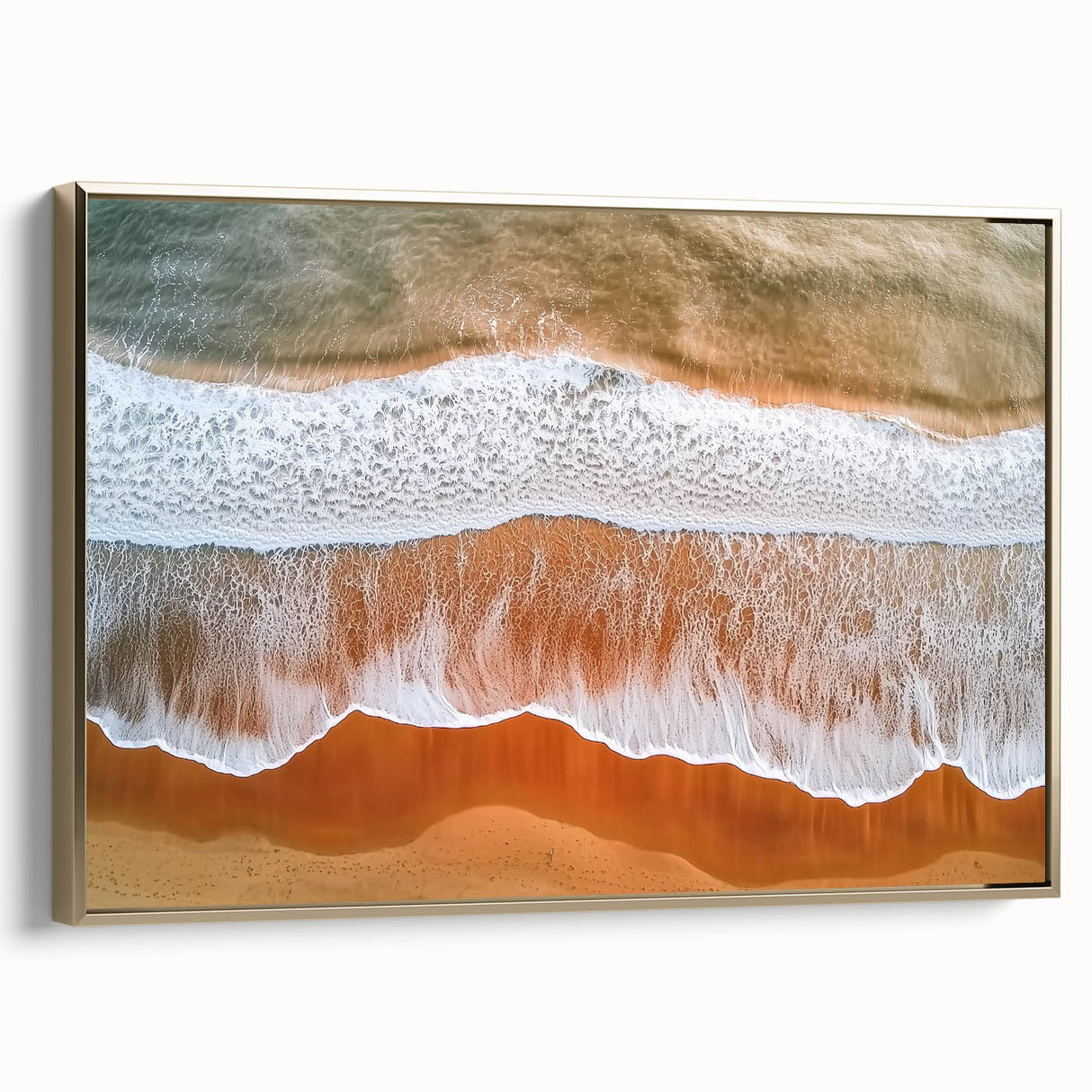 Framed landscape canvas showcasing a serene beach scene with golden accents, highlighting soft waves and a vibrant sunset, perfect for coastal home decor.