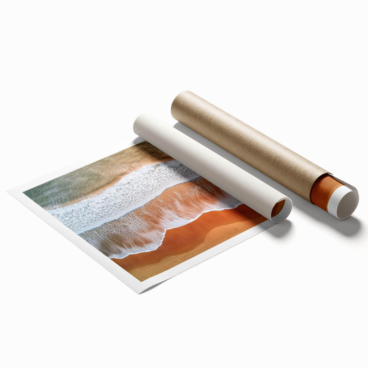 Stunning landscape canvas print showcasing serene beaches at sunset, featuring vibrant colors and a textured surface, rolled in a protective cardboard tube.