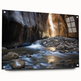 Acrylic glass artwork depicting vibrant canyons in a landscape format, showcasing rich colors and intricate details, elegantly mounted with pins for display.