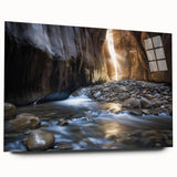 Landscape acrylic glass artwork depicting vibrant canyons with layered colors, showcasing a side view without pins, perfect for modern home decor.