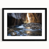 Black-framed landscape canyon artwork with a mat, showcasing vivid colors and intricate details, perfect for home décor and nature enthusiasts.
