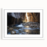 Landscape print featuring a scenic canyon view, framed with a sleek white mat, ideal for home decor and nature enthusiasts. Perfect for enhancing any living space.