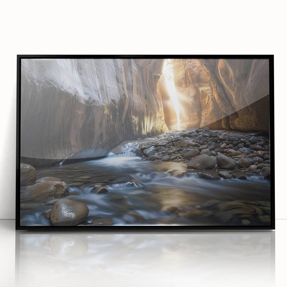 Framed acrylic landscape artwork showcasing vibrant canyons with rich earthy tones, set in a sleek black frame, perfect for modern home decor.